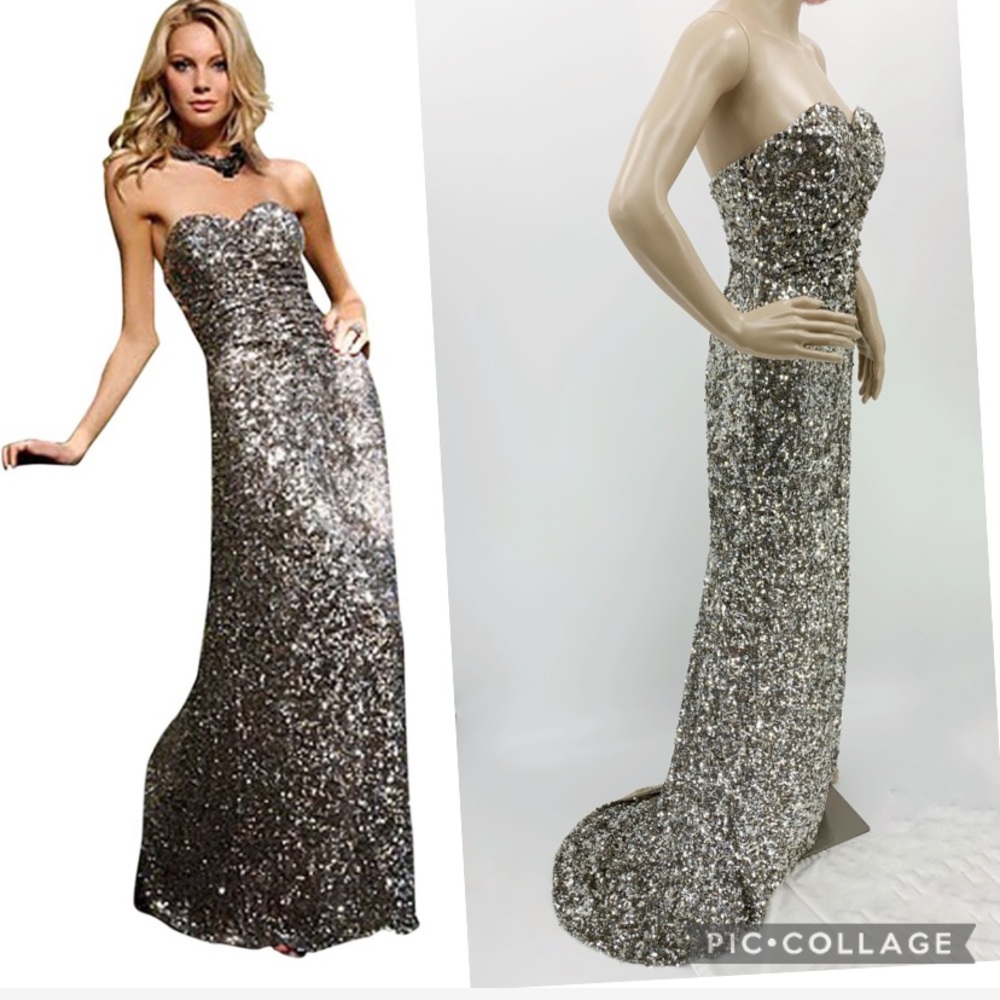 Scala Silver Metallic Sequin Strapless Gown Tail 6 - image 1